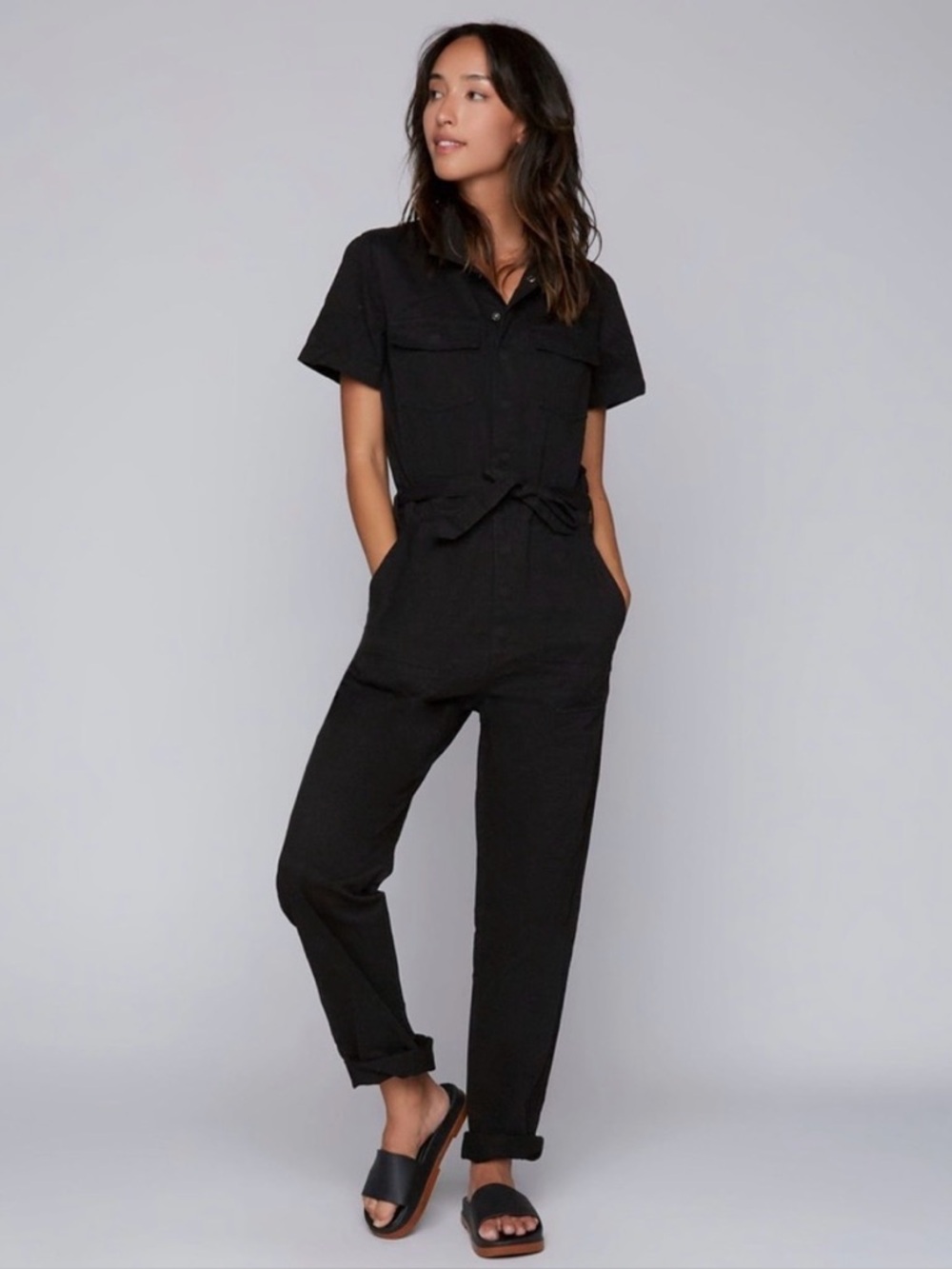 NWT Billy T Utility Jumpsuit Black Snap Buttons Tie Waist Size Small